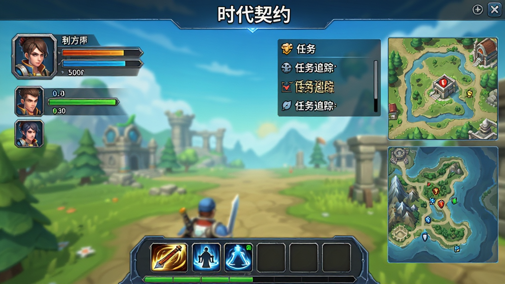 《时代契约》游戏操作界面示意图,主体是游戏主界面,左侧为角色状态栏,右侧为任务追踪与地图,下方为技能快捷栏。布局清晰,UI设计简洁。风格为游戏实机截图风格,色彩明亮。画质高清,干净无多余元素。