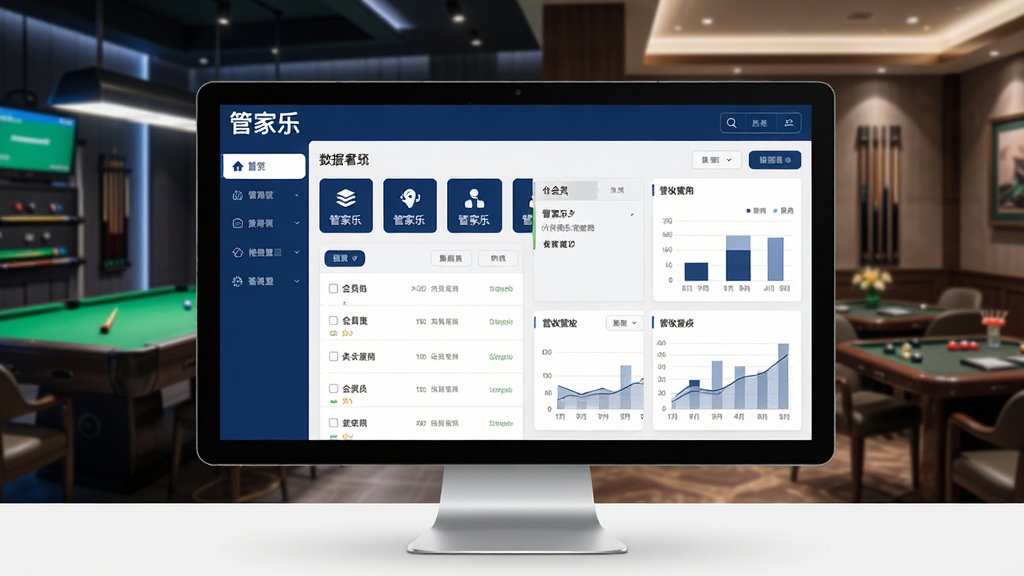 画面主体为管家乐休闲娱乐管理系统的收银台界面展示,背景为现代台球厅与棋牌室场景,电脑屏幕清晰显示“管家乐”品牌名称与各类功能图标,布局采用左右分栏设计,左侧为功能导航,右侧为数据看板,风格简约商务,色彩以深蓝与白色为主,细节包含会员列表与营收图表,画质高清干净,无多余元素