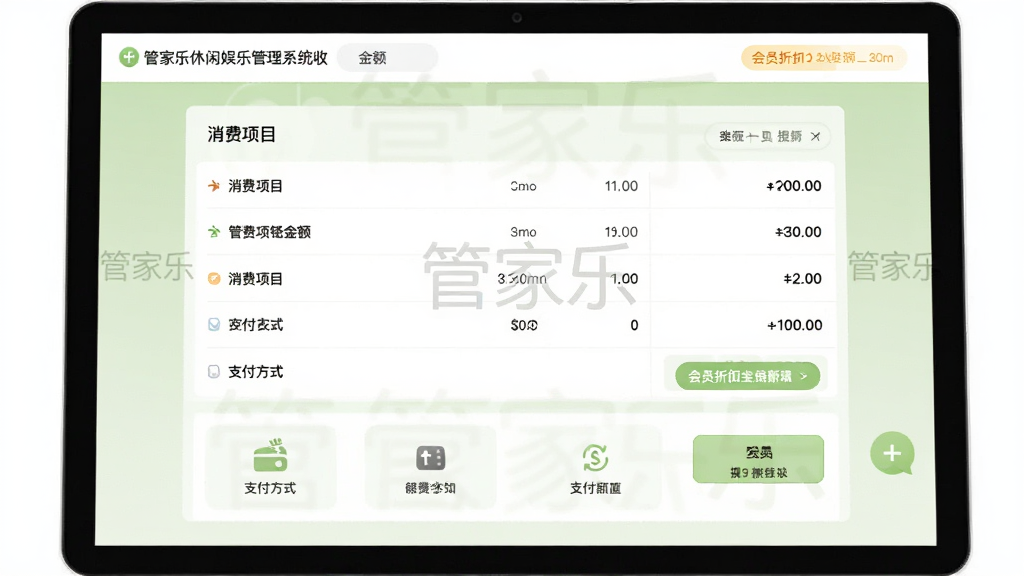画面主体为管家乐休闲娱乐管理系统的收银结算界面,布局居中显示消费项目与金额明细,下方为支付方式图标,风格清新明亮,色彩以浅绿与白色为主,细节包含“管家乐”水印与会员折扣提示,画质干净无多余元素