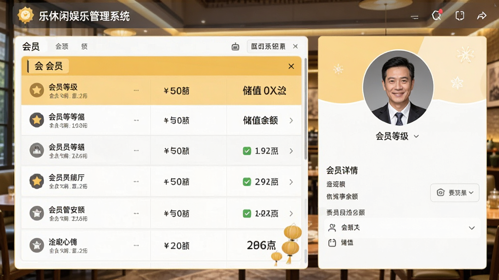 画面主体为管家乐休闲娱乐管理系统的会员管理界面,左侧为会员列表,右侧为会员详情画像,背景为休闲茶楼内部环境,布局清晰,风格商务简约,色彩以暖黄与灰色为主,细节包含会员等级图标与储值余额,画质高清干净