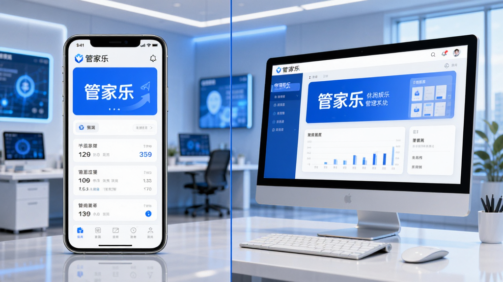画面主体为管家乐休闲娱乐管理系统在手机与电脑上同时运行的场景,布局为左右分屏,左边是手机界面,右边是电脑屏幕,背景为智能办公环境,风格科技现代,色彩以蓝白为主,细节包含“管家乐”界面清晰可见,画质高清干净