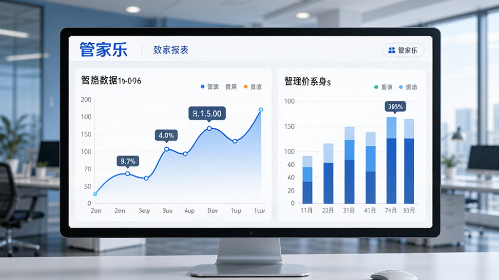 画面主体为管家乐休闲娱乐管理系统的数据报表界面,布局为折线图与柱状图结合,背景为办公室场景,风格科技感,色彩以蓝色与白色为主,细节包含“管家乐”品牌标识与关键数据标注,画质清晰干净