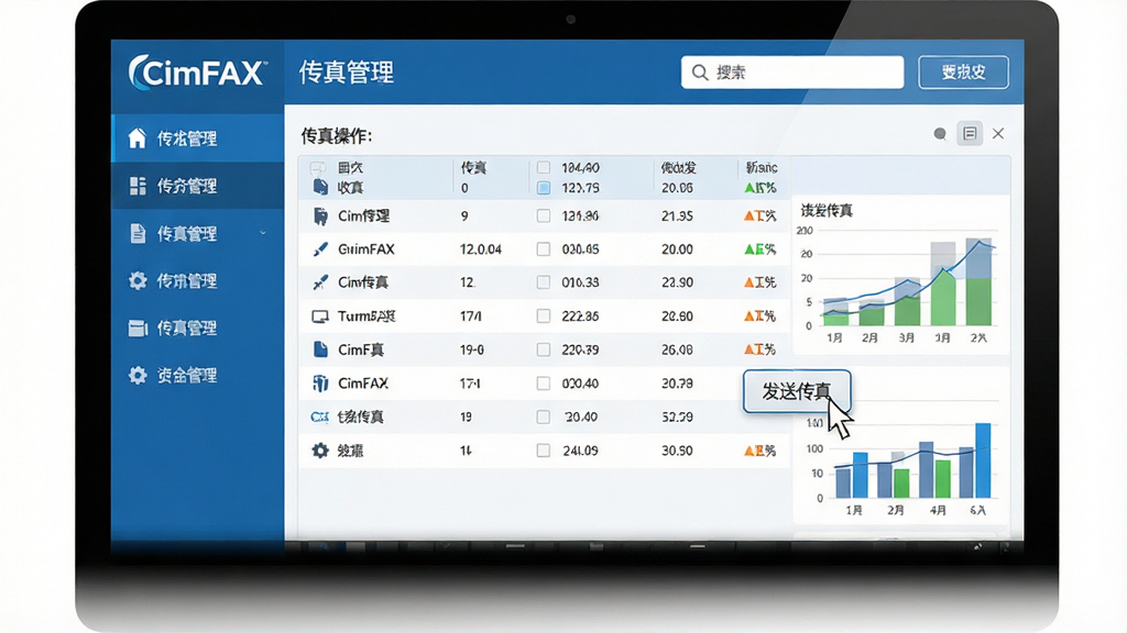 主体:CimFAX传真服务器软件的电脑端管理界面,屏幕中显示清晰的传真收发列表和状态图表。布局:左侧为功能导航栏,右侧为主操作区域,界面采用现代扁平化设计,蓝色调为主。排版:界面图标整齐排列,数据列表分列明确,顶部有搜索和快捷按钮。风格:专业商务风格,简洁干净。细节:屏幕中显示“CimFAX”标志和“传真管理”字样,鼠标指针指向“发送传真”按钮。画质:高清,干净,无多余元素。