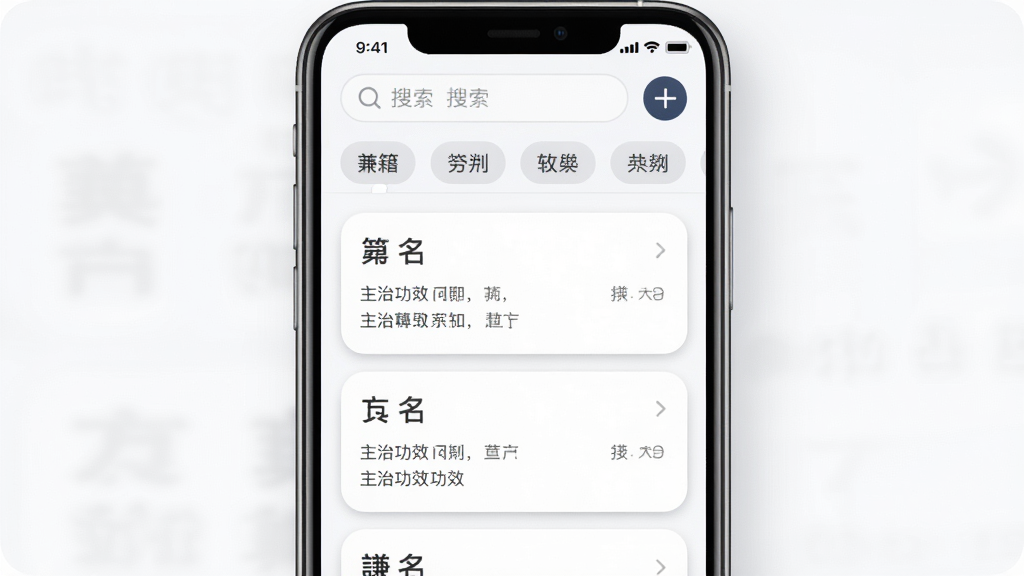 谦金方软件功能预览图,主体为手机屏幕展示典籍结构化分类界面,上方是搜索栏与分类标签,下方是方剂卡片列表,卡片上显示方名与主治功效,布局采用纵向滚动的信息流设计,风格清新简洁,细节包含柔和阴影与圆角卡片,画质干净无多余元素