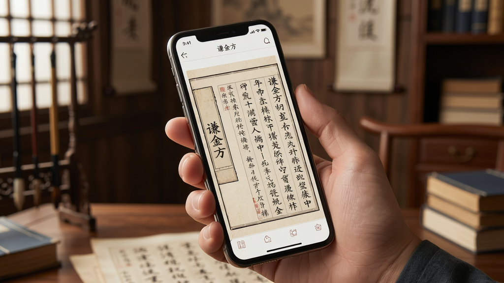 谦金方手机使用场景图,主体是一只手握着手机,屏幕显示典籍阅读界面,背景为古色古香的书房环境,布局采用特写镜头,风格写实温馨,细节包括屏幕上的文字清晰可见,画质高清干净,无多余元素