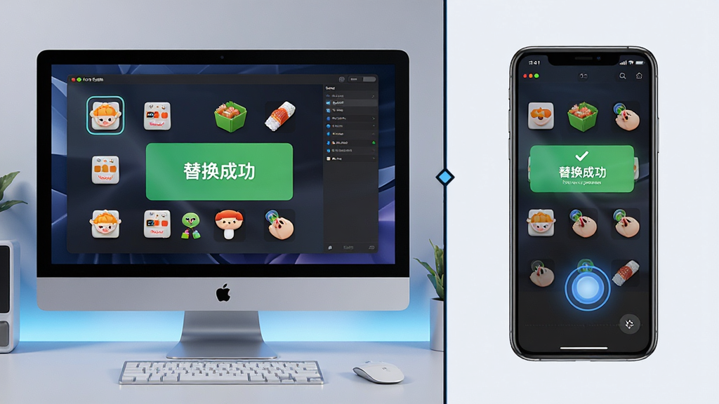 主体:电脑桌面和手机并排展示Icon sushi软件操作界面。布局:左侧电脑屏幕显示图标替换过程,右侧手机展示移动端适配界面。排版:画面分为两部分,界限清晰。风格:科技感,现代。细节:电脑屏幕上显示“替换成功”提示,手机界面显示触摸操作点。画质:高清,干净,无多余元素。