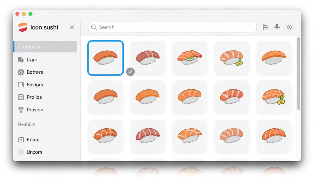 主体:Icon sushi软件界面,展示图标库浏览与预览功能。布局:左侧为分类导航栏,右侧为图标网格预览区,顶部有搜索框。排版:界面简洁清晰,图标排列整齐。风格:扁平化设计,色彩明快。细节:选中图标有高亮边框,窗口有阴影效果。画质:高清,干净,无多余元素。