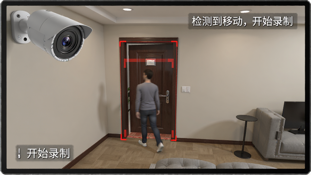 摄像头录像王运动检测功能示意图,画面中一个房间角落的摄像头正对准门口,当有人走过时屏幕出现红色框选提示,同时显示“检测到移动,开始录制”的文字提示,风格写实,细节丰富,画质清晰