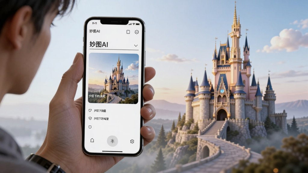 一位用户手持手机,屏幕显示“妙图AI”生成界面,输入“夕阳下的城堡”后,画面右侧浮现出梦幻风格的城堡图像,整体明亮清晰,现代简约排版,画质细腻,无多余元素