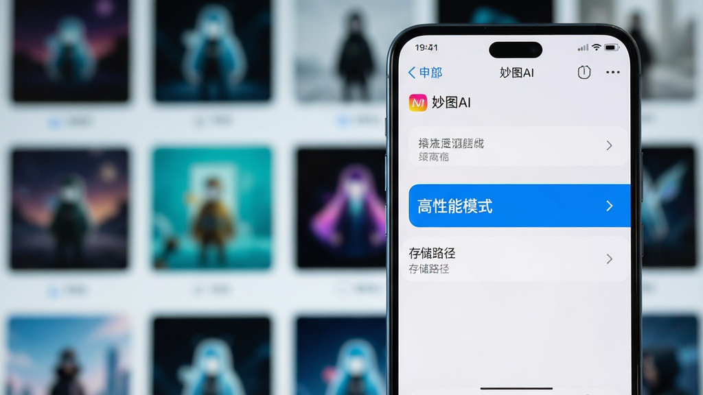手机屏幕显示“妙图AI”设置界面,高亮“高性能模式”和“存储路径”选项,背景为模糊的生成作品墙,科技感风格,画质清晰,无多余元素