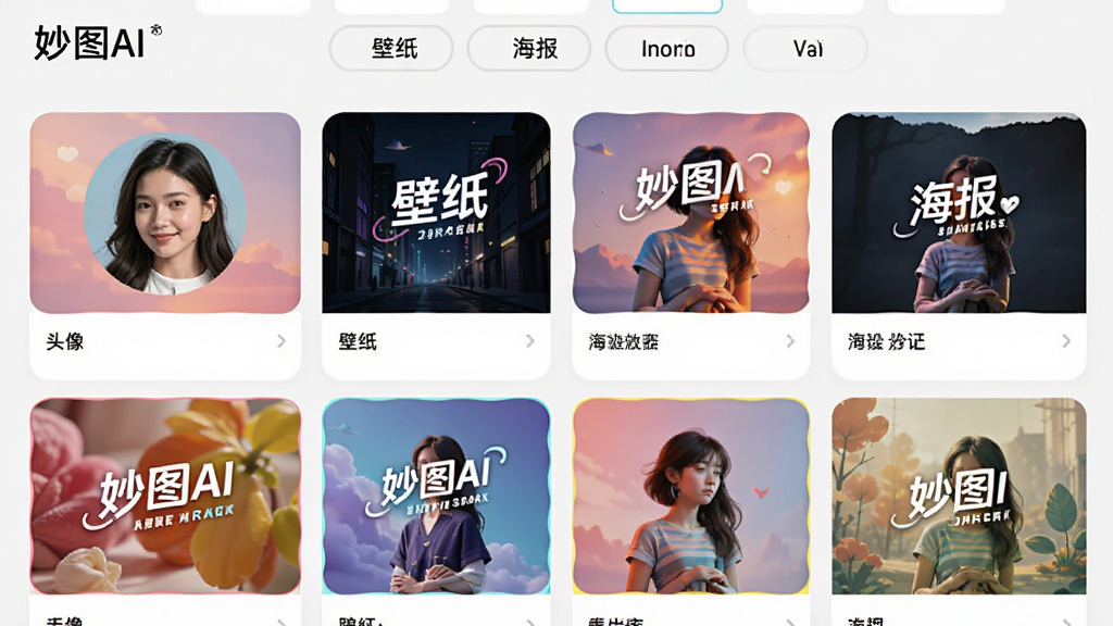 展示“妙图AI”模板库,分类标签如“头像”、“壁纸”、“海报”排列在上方,下方展示多个精美模板卡片,色彩丰富,排版整齐,高清画质,无多余元素