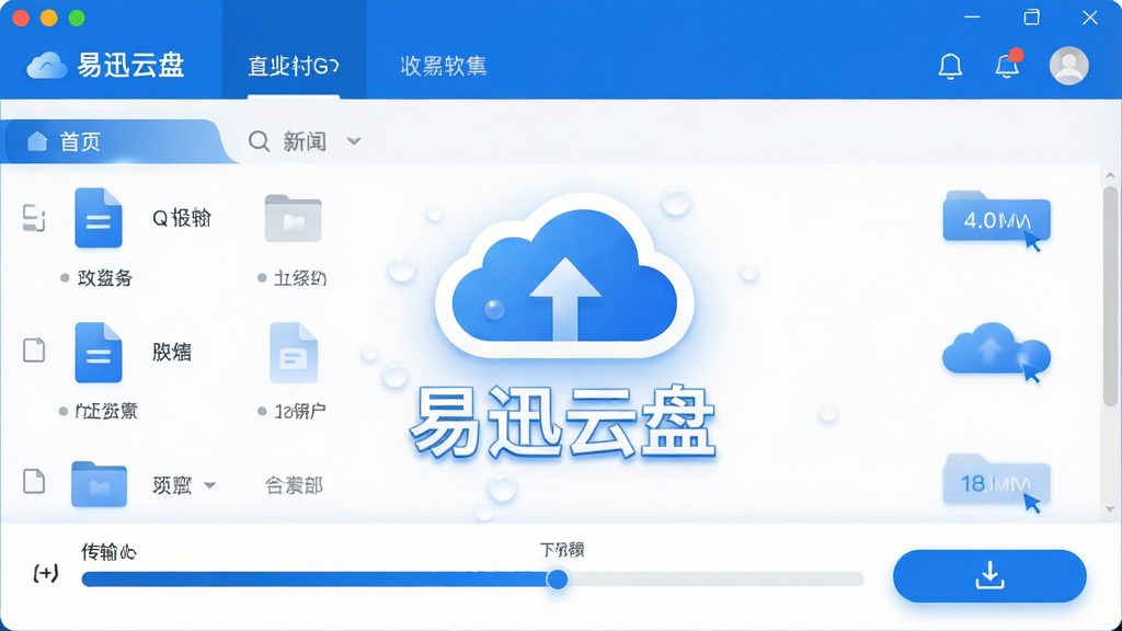 主体:易迅云盘软件界面展示,画面中央是简洁的云朵图标与“易迅云盘”文字标识。布局:界面采用上下结构,上方为导航栏,下方为文件列表与传输进度条。排版:现代扁平化设计,图标与文字对齐整齐,色彩以蓝色与白色为主。风格:科技感、商务简约。细节:高光点缀,文件图标清晰,下载按钮突出。画质:高清渲染,干净无多余元素。