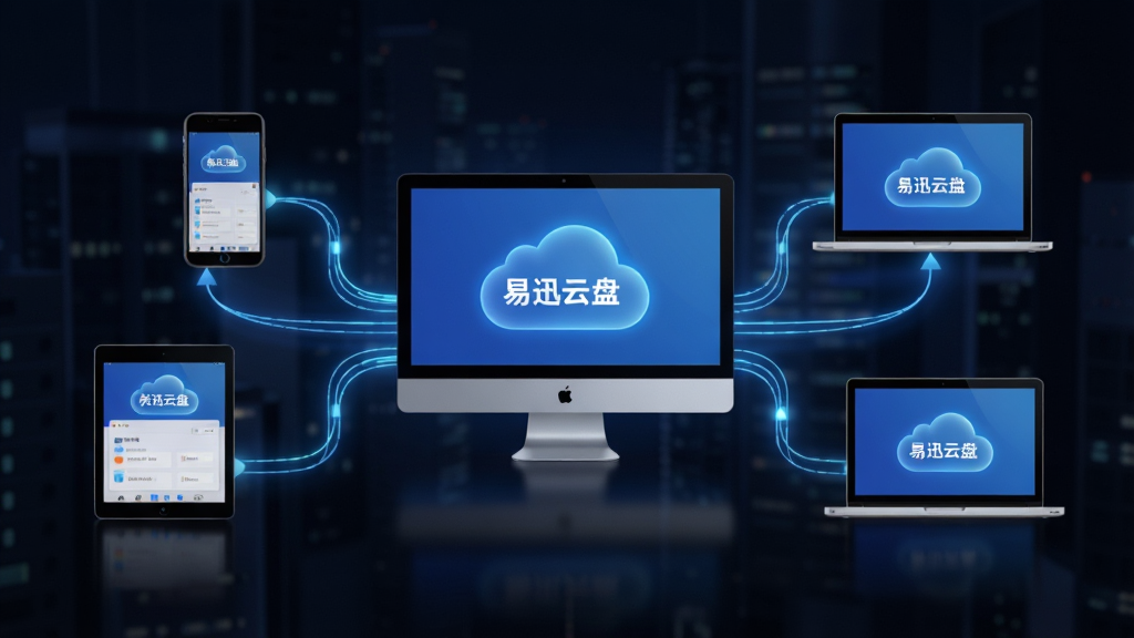主体:易迅云盘多设备同步示意图,中央一台电脑,周围环绕手机、平板、笔记本,数据线条连接。布局:对称式构图,中心发散。排版:设备图标统一风格,线条流畅。风格:科技感,空间感。细节:每台设备屏幕显示“易迅云盘”界面,云端图标高亮。画质:高清渲染,干净无多余元素。