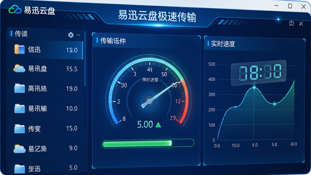 主体:易迅云盘极速传输界面显示,多文件并行上传中,速度仪表盘指针指向最大。布局:左侧文件列表,右侧实时速度曲线图。排版:数据可视化图表,数字跳动动态展示。风格:科技蓝背景,发光线条。细节:显示“易迅云盘”Logo,传输进度条绿色。画质:高清渲染,干净无多余元素。