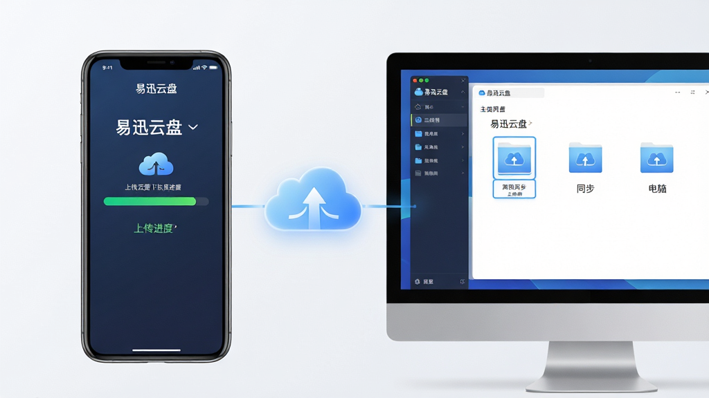 主体:易迅云盘在手机与电脑上同步使用的场景,手机屏幕显示上传进度,电脑屏幕显示文件已同步。布局:双设备左右分布,中间用云朵图标连接。排版:界面简洁,文字提示清晰。风格:商务、科技感。细节:手机界面显示“易迅云盘”App,电脑界面显示“易迅云盘”客户端。画质:高清渲染,干净无多余元素。