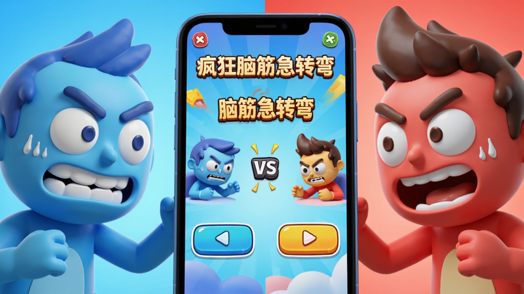 主体:两个卡通人物形象面对手机,手机屏幕显示“疯狂脑筋急转弯”的对战界面。布局:左右分屏设计,左侧人物为蓝色调,右侧为红色调,中间是手机屏幕特写。排版:屏幕上有两个答案按钮,风格:活泼的卡通渲染风格,细节:人物表情紧张而兴奋,画质:明亮,干净,无多余元素。