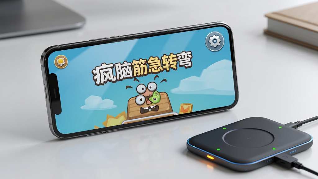 主体:一部智能手机横屏显示“疯狂脑筋急转弯”的游戏画面,旁边有一个无线充电板。布局:手机位于画面中央,充电板在右下角,背景是整洁的桌面。排版:屏幕上有清晰的“设置”齿轮图标。风格:写实风格结合轻微3D渲染,细节:手机屏幕反光,充电板指示灯亮起,画质:高分辨率,干净,无多余元素。