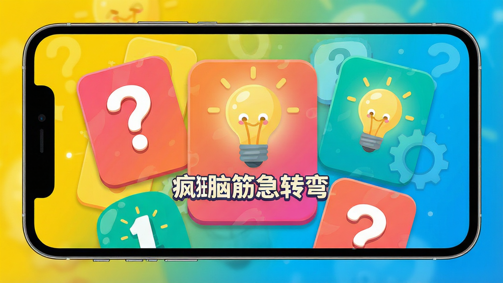 主体:一款名为“疯狂脑筋急转弯”的手机游戏界面,屏幕上有色彩鲜艳的问答卡片和灯泡图标。布局:中央是游戏主界面,背景是明快的黄色与蓝色渐变,卡片错落有致。排版:卡片上显示大号中文问号与文字“疯狂脑筋急转弯”,风格:扁平化卡通插画风格,细节:卡片边缘有圆角,灯泡发出柔和光芒,画质:高清,干净,无多余元素。
