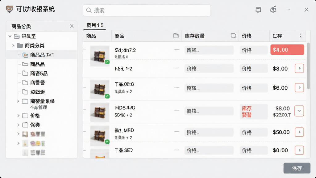 主体:可可收银系统的商品管理界面,显示商品列表、库存数量、价格信息。布局:左侧分类树,右侧商品表格,顶部有搜索栏。排版:表格行间距适中,分类树清晰。风格:商务简洁,色彩以浅灰和白色为主。细节:商品图片缩略图,库存预警红色标注,界面底部有“保存”按钮。画质:高清,干净,无多余元素。