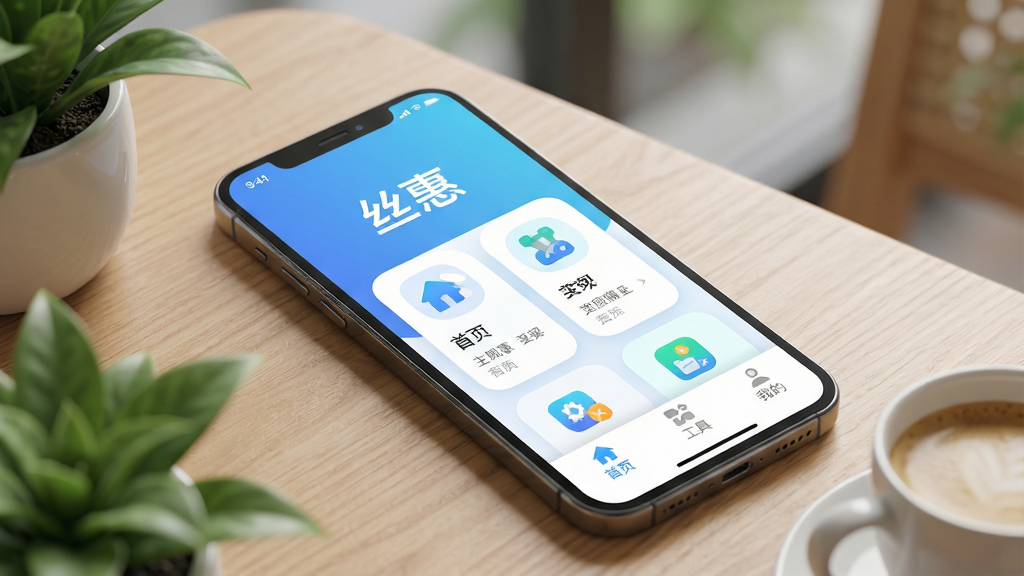 主体:一部亮着屏幕的智能手机,屏幕中央显示“丝惠”App的简洁主界面,界面以蓝白渐变为主色调,带有圆润的卡片式布局。布局:手机斜放在木质桌面上,周围有绿植和一杯咖啡作为点缀,背景虚化。排版:手机屏幕占据画面中心,界面上的功能图标清晰可辨,从上到下依次排列有“首页”、“工具”、“我的”等标签栏。风格:现代扁平化设计风格,色彩清新明快,光影柔和。细节:屏幕中显示“丝惠”二字作为App名称,以及几个主要功能模块的图标。画质:8K超高清,细节丰富,干净明亮,无多余元素。