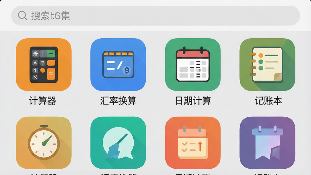 主体:丝惠App的“工具集”功能界面截图,以网格形式展示各个小工具图标,每个图标下方配有中文名称。布局:界面采用上下滚动布局,顶部是搜索栏,下方是2列网格排列的工具图标,背景为浅灰色。排版:每个工具图标为圆角矩形,内嵌简洁的线条图标,颜色各异,布局整齐划一。风格:简洁实用的工具类App风格,界面干净,图标辨识度高。细节:图标下方清晰标注“计算器”、“汇率换算”、“日期计算”、“记账本”等文字。画质:高清,界面元素锐利,色彩准确,无多余元素。