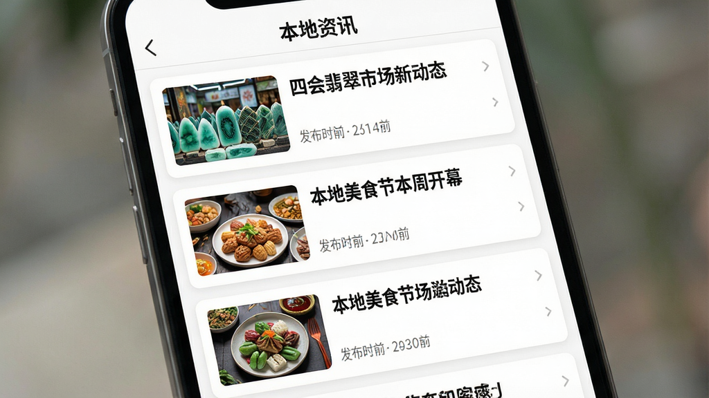 主体:丝惠App的“本地资讯”页面,屏幕上显示多条新闻卡片,每条卡片配有小图与标题。布局:页面为信息流布局,从上到下依次排列新闻卡片,卡片之间间隔均匀,背景为白色。排版:每条卡片左侧为图片,右侧为标题和发布时间,整体排版清晰易读。风格:现代新闻阅读风格,字体清晰,图片质量高。细节:屏幕顶部显示“本地资讯”标题栏,卡片中的文字为“四会翡翠市场新动态”、“本地美食节本周开幕”等。画质:高清,色彩自然,界面干净,无多余元素。