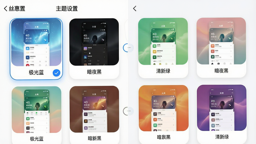 主体:丝惠App的“主题设置”页面,展示多种颜色主题的预览卡片。布局:页面以左右滑动的方式展示不同主题的预览,每个主题卡片上显示应用界面的缩略图。排版:每张卡片为圆角矩形,内部显示主界面缩略图,卡片下方标注主题名称,如“极光蓝”、“暗夜黑”、“清新绿”等。风格:设置页面风格简洁,卡片排列整齐,切换动画流畅。细节:当前选中的主题卡片带有蓝色勾选标记。画质:高清,色彩丰富,界面质感细腻,无多余元素。