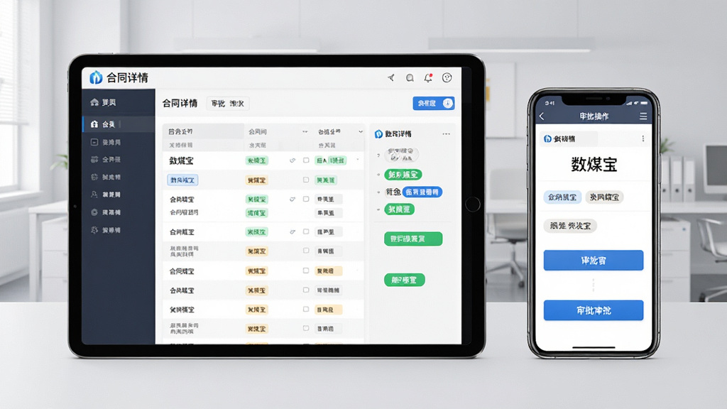 主体:数煤宝合同管理功能界面,显示合同列表和审批流程,平板和手机同步展示;布局:左侧平板显示合同详情,右侧手机显示审批操作界面,背景为浅灰色办公室场景;排版:信息层级分明,状态标签醒目;风格:商务简洁风;细节:合同文件上印有“数煤宝”字样,审批按钮明显;画质:高清晰度,干净无多余元素