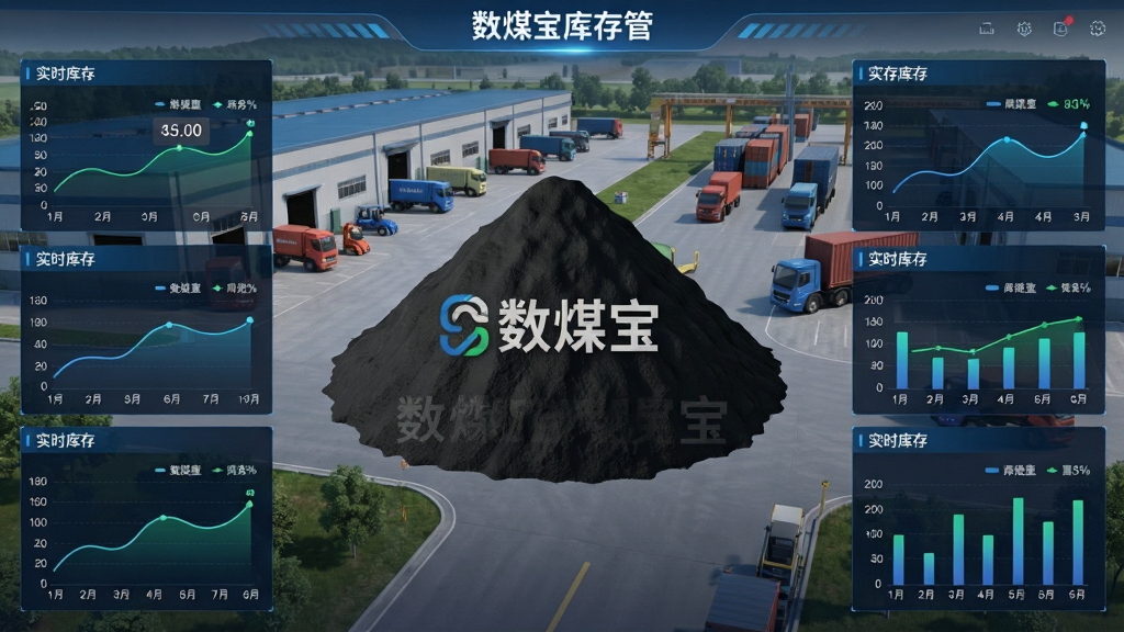 主体:数煤宝库存管理界面,显示煤堆三维模型和实时库存数据图表;布局:中央为3D煤堆图,四周环绕数据面板,背景为物流园区实景融合科技界面;排版:数据可视化呈现,趋势曲线易懂;风格:科技感与写实结合;细节:煤堆上标注“数煤宝”品牌水印,库存数字清晰;画质:高质量渲染,画面干净