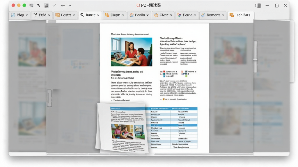 全方位PDF阅读器软件内同时打开多个大型PDF文件标签页的界面截图预览图,主体为现代简约风格的软件窗口,布局上多个文档以标签形式排列在顶部,中间区域展示一份包含图文和表格的彩色PDF文档,排版错落有致,风格为写实的屏幕截图风格,细节上突出翻页动画的流畅感,画质清晰,干净无多余元素