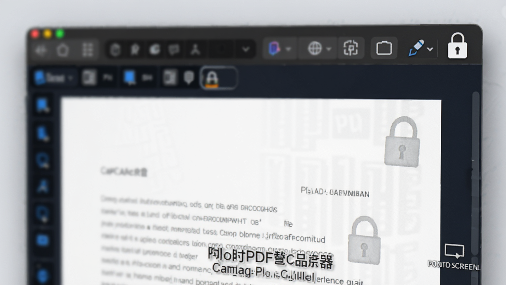 全方位PDF阅读器在隐私保护模式下运行的界面特写图,主体为软件窗口的模糊背景与前台清晰的文档内容对比,布局上突出一个挂锁图标在工具栏右上角,排版风格为现代科技感,细节上显示文档水印和防截屏提示标识,画质细腻,干净无多余元素