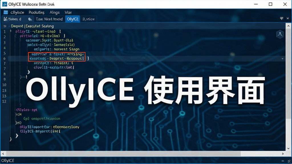 主体为OllyICE调试运行截图,程序窗口显示代码执行状态,断点高亮,背景为蓝色调,风格科技感,排版清晰,细节丰富,画质干净,无多余元素,文字标注“OllyICE 使用界面”