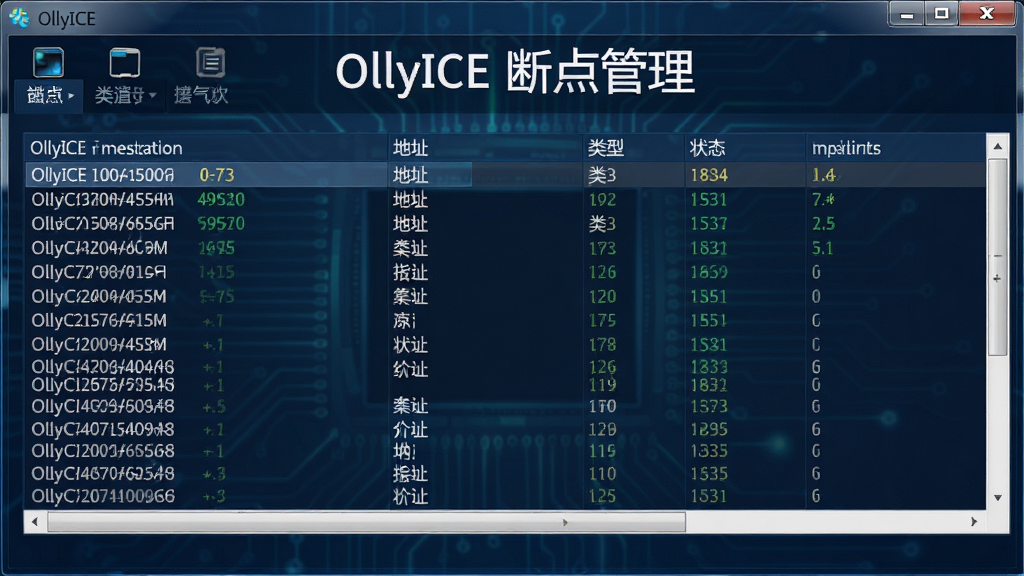 主体为OllyICE断点设置界面,中央突出显示断点列表,包含地址、类型、状态等信息,背景为深蓝色调,风格科技感,排版清晰,细节丰富,画质干净,无多余元素,文字标注“OllyICE 断点管理”