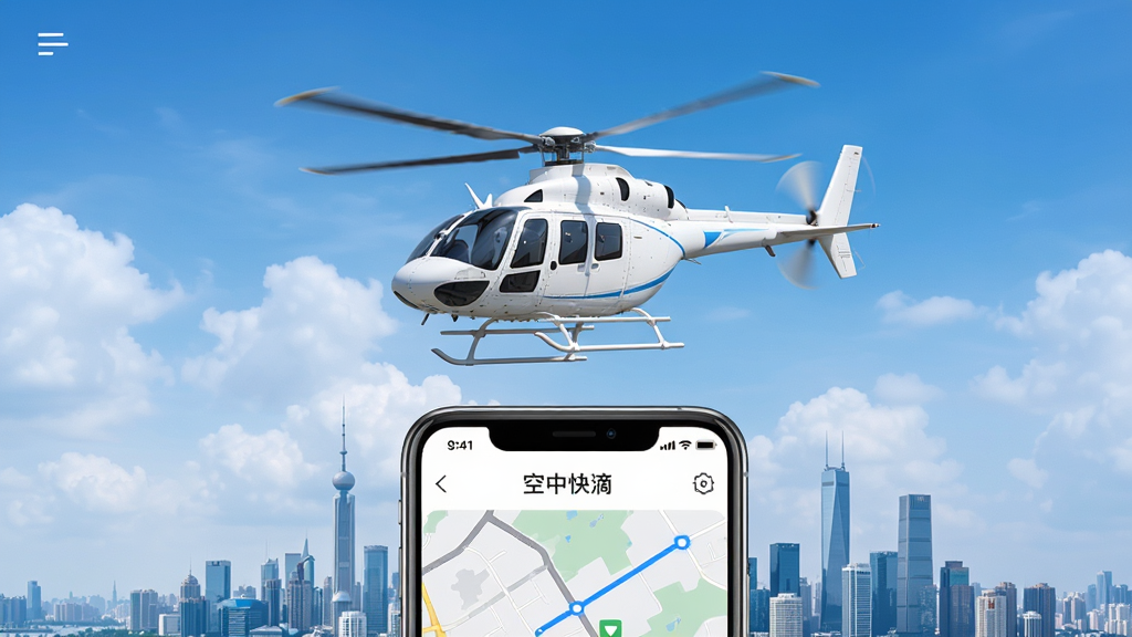 主体为“空中快滴”APP界面展示,画面中央是一架白色直升机正在城市上空飞行,下方是手机屏幕,屏幕上有“空中快滴”字样和航线地图,布局为手机居中,背景是蓝天白云和城市天际线,排版简洁,风格科技感强,细节包括直升机旋翼转动、地图上的蓝色航线,画质高清,干净无多余元素