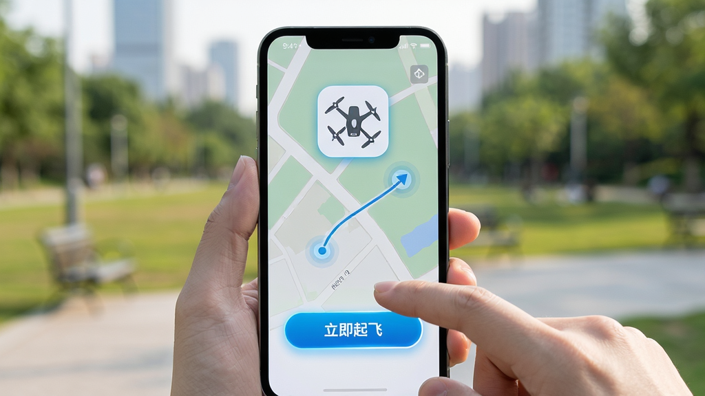 主体为空中快滴APP在手机上的使用场景,用户手指点击“立即起飞”按钮,屏幕显示飞行器图标和航线,布局为手机竖屏特写,背景模糊的城市公园,风格自然光,细节包括按钮高亮和地图动画,画质高清,干净无多余元素