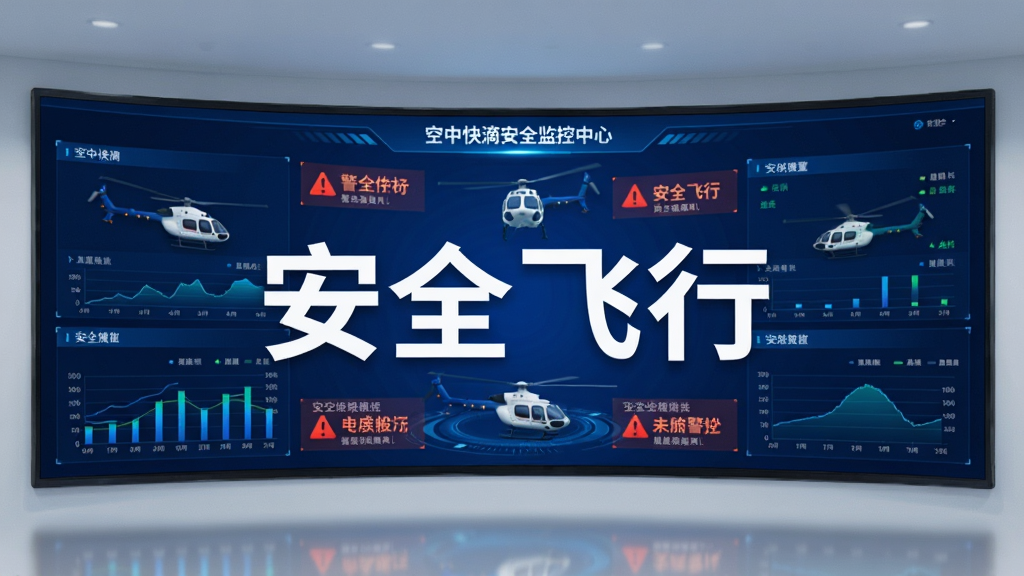 主体为空中快滴安全监控中心大屏,显示多架直升机的位置和状态,屏幕上有“安全飞行”字样,布局为宽屏,风格深蓝科技感,细节包括数据图表和警报提示,画质清晰,干净无多余元素