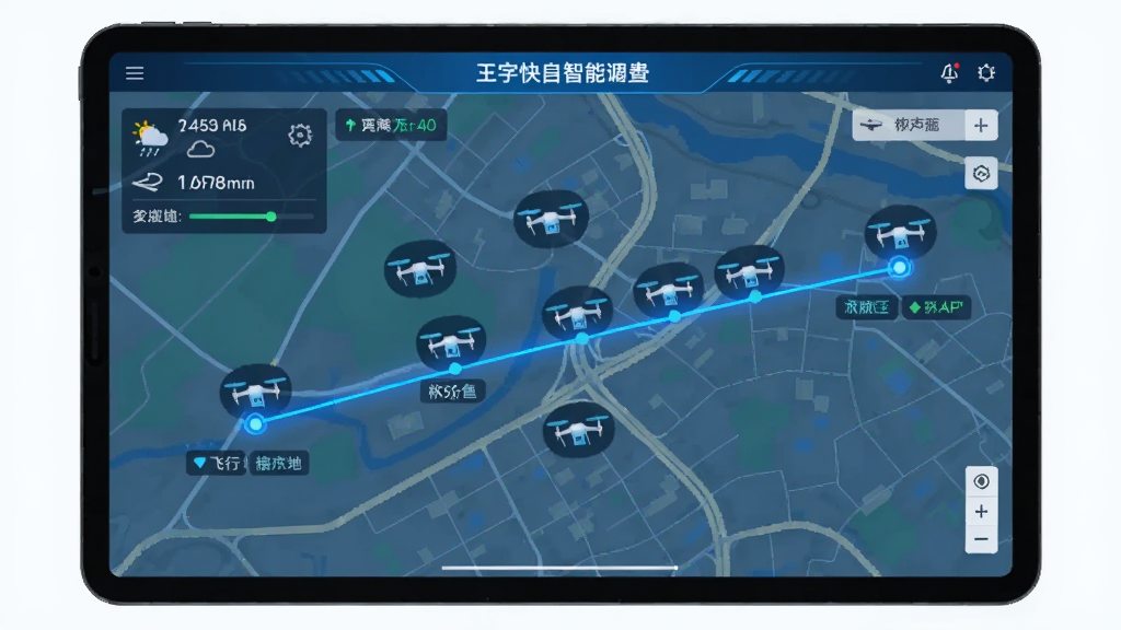 主体为空中快滴智能调度界面,屏幕显示地图和多个飞行器图标,中间一条蓝色航线连接出发地与目的地,布局为平板设备横屏展示,风格科技蓝,细节包括天气数据、飞行器状态标签,画质清晰,干净无多余元素