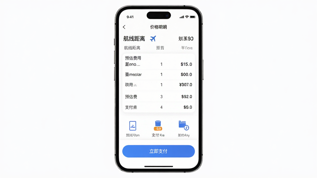 主体为空中快滴APP价格明细页面,屏幕显示航线距离、预估费用和支付方式图标,布局为手机竖屏,风格简洁白底,细节包括费用构成表格和“立即支付”按钮,画质高清,干净无多余元素