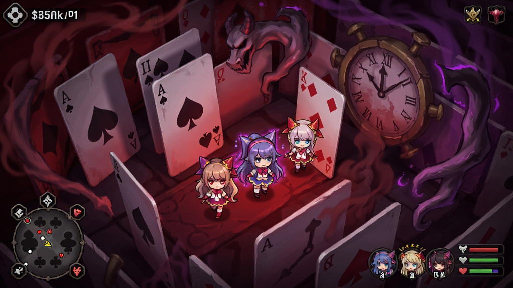 游戏迷宫探索画面,魔法少女小队行走在由巨大扑克牌和扭曲时钟构成的魔女结界中,色调以暗红与深紫为主,视角为俯视角Q版风格,UI显示小地图与队伍状态,画面充满神秘与危险气息。