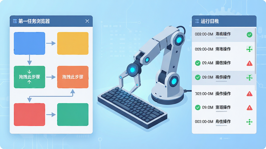 主体:一个流程图风格的界面,中央是一个机器人手臂正在操作电脑键盘,左侧为“第一任务浏览器”的自动化编辑面板,右侧为运行日志列表。布局:机器人位于画面中心偏右,编辑面板和日志列表分别位于左右两侧,背景为浅蓝色科技感渐变。排版:编辑面板由多个彩色模块组成,通过箭头连接;日志列表按行排列,每行包含时间、操作内容和状态图标。风格:现代扁平插画,线条简洁。细节:机器人手臂末端有蓝色光点,编辑面板上标注“拖拽此步骤”字样,日志列表中有绿色对勾和红色警告图标。画质:高清渲染,细节丰富,无多余元素。