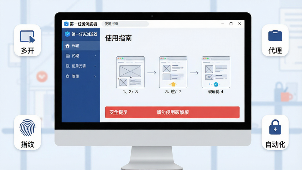 主体:一台电脑屏幕上显示“第一任务浏览器”的“使用指南”界面,左侧为导航栏,右侧为操作步骤示意图,底部有“安全提示”红色横幅。布局:电脑屏幕占据画面主体,周围有四个小图标分别表示“多开”“代理”“指纹”“自动化”。排版:界面采用浅色主题,导航栏为深蓝色,步骤示意图为简洁的线框风格。风格:清新商务插画风。细节:步骤示意图中标注了“1、2、3”步骤,红色横幅上写有“请勿使用破解版”字样。画质:高清渲染,干净无多余元素。