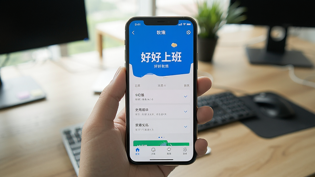 一张「好好上班」软件在手机上运行的实拍图,手机屏幕清晰显示主界面,背景为办公桌,画面自然,光线充足,画质清晰,干净无多余元素