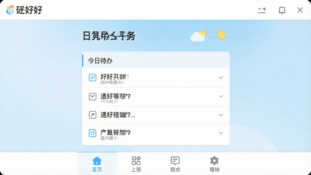 一张展示「好好上班」软件主界面的高清截图,界面风格简洁明亮,顶部显示日期和天气,中部为今日待办任务列表,底部有四个功能标签,整体配色以白色和浅蓝色为主,画质清晰,干净无多余元素