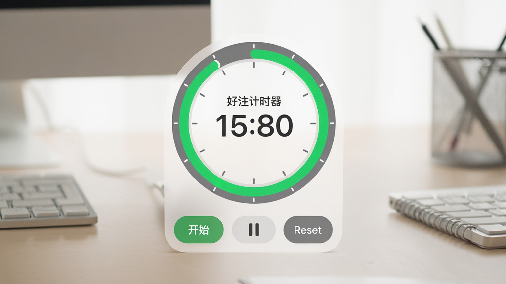 「好好上班」专注计时器界面,一个圆形倒计时表盘,中央显示剩余时间,周围有绿色进度环,下方有开始、暂停和重置按钮,背景为简约的办公桌,色调柔和,画质细腻,干净无多余元素