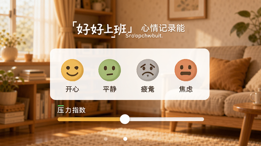 「好好上班」心情记录功能示例,界面展示一个情绪选择面板,有开心、平静、疲惫、焦虑等表情图标,下方是压力指数滑动条,背景为温馨的室内环境,色彩温暖,画面干净,画质清晰