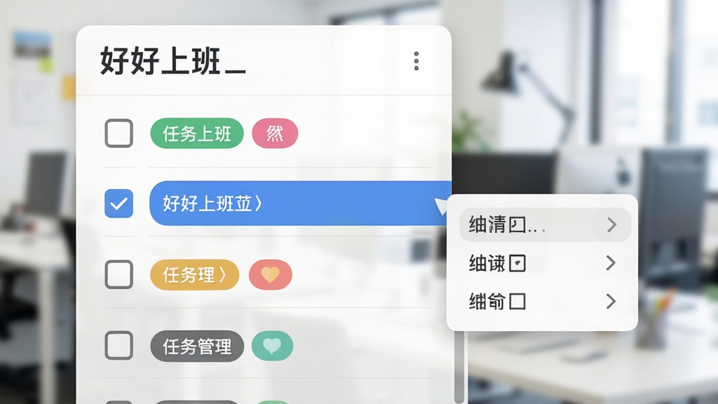 「好好上班」任务管理界面特写,显示一个任务列表,每个任务有复选框和彩色标签,其中一条任务被选中并弹出编辑菜单,背景为模糊的办公室场景,画面布局清晰,风格清新,画质高,干净无多余元素