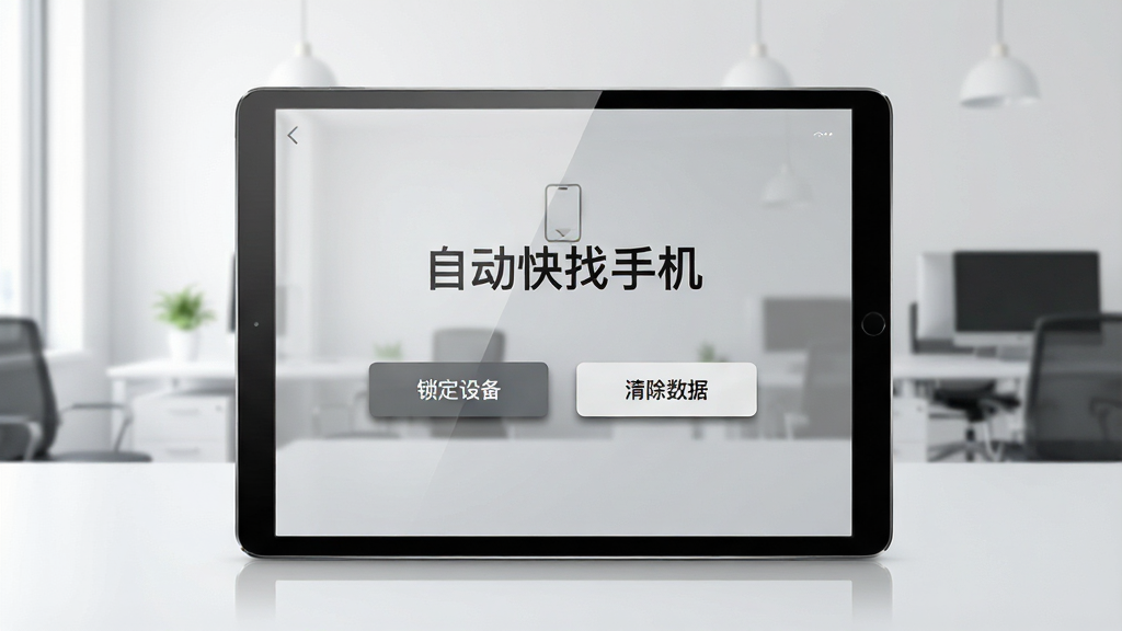 一个平板电脑展示远程控制界面,界面显示“锁定设备”和“清除数据”两个按钮,屏幕上有“自动快找手机”字样,背景为干净的办公室环境,布局居中,排版整洁,风格商务简约,细节包括按钮阴影、屏幕反光,画质高清,无多余元素