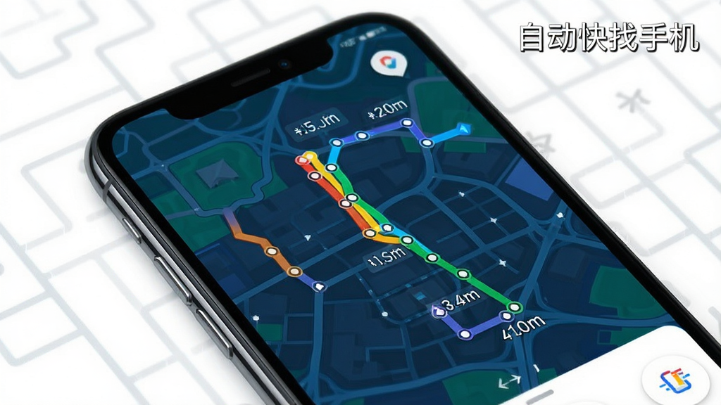 手机屏幕显示地图轨迹,多条彩色路线图,右上角有“自动快找手机”水印,背景为白色,布局清晰,排版直观,风格科技感,细节包括路线节点、距离标识,画质纯净,无多余元素