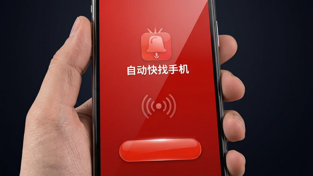 一只手拿着手机,屏幕显示红色报警界面,中央有“自动快找手机”品牌标识,下方为震动波纹图标,背景为深色渐变,布局简洁,排版专业,风格写实,细节包括报警按钮高光、屏幕反射,画质清晰干净,无多余元素