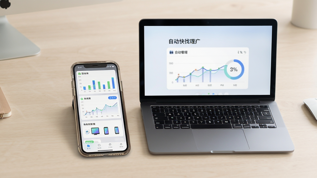 手机和电脑并排放置,屏幕显示自动快找手机管理界面,背景为浅色工作台,布局协调,排版清晰,风格现代商务,细节包括数据图表、设备图标,画质高清干净,无多余元素